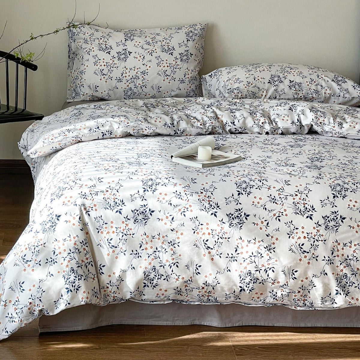Blumen Bettwäsche Set 200x220 cm Weiß Blau 3tlg. Baumwolle