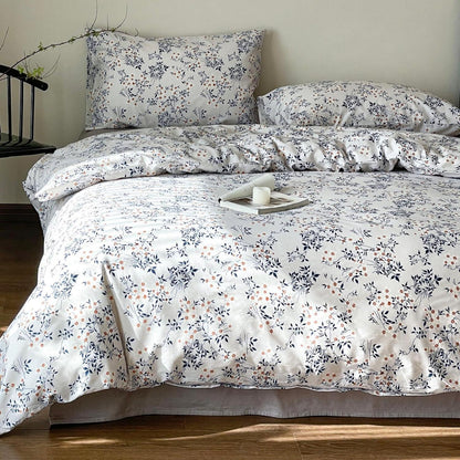 Blumen Bettwäsche Set 200x220 cm Weiß Blau 3tlg. Baumwolle