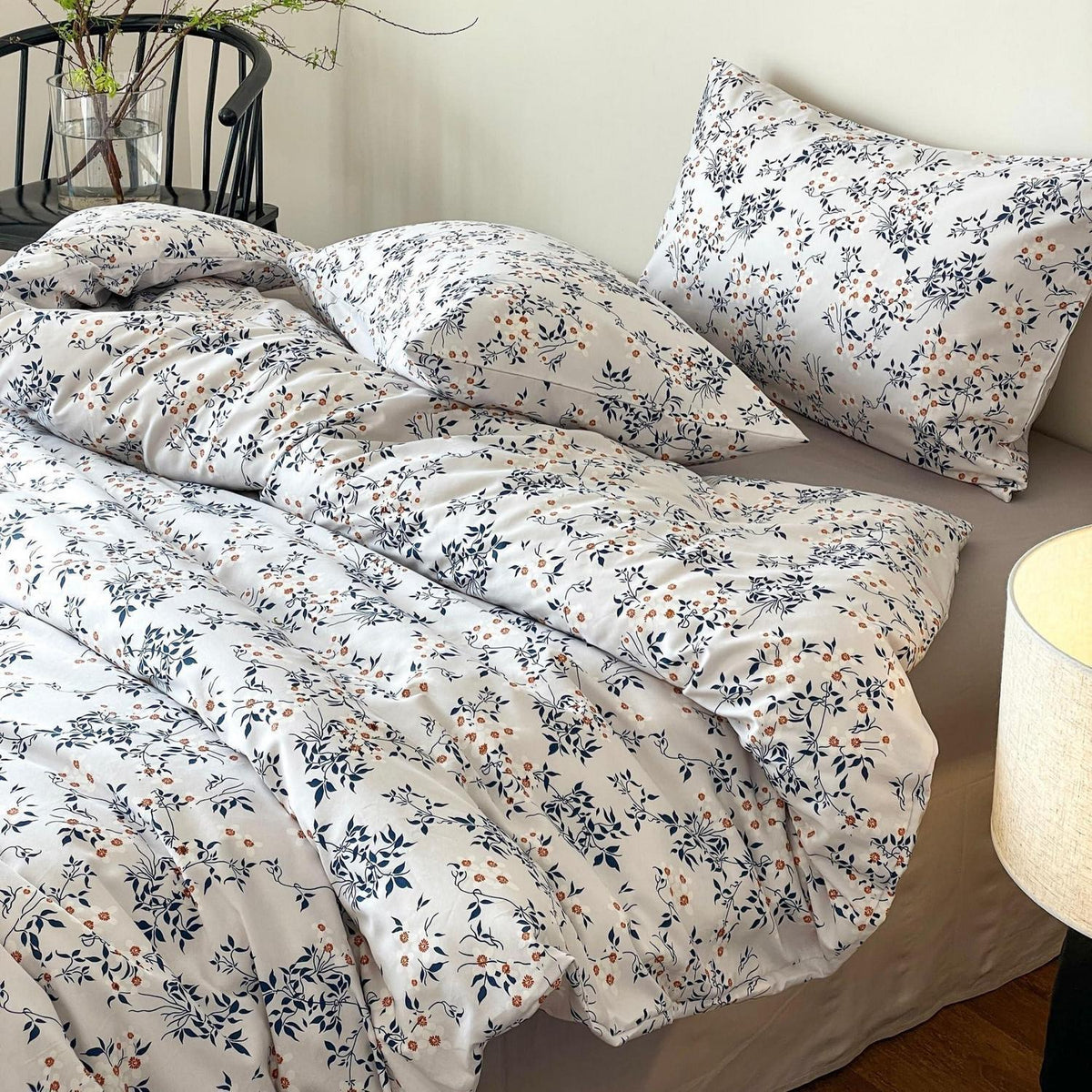 Blumen Bettwäsche Set 200x220 cm Weiß Blau 3tlg. Baumwolle