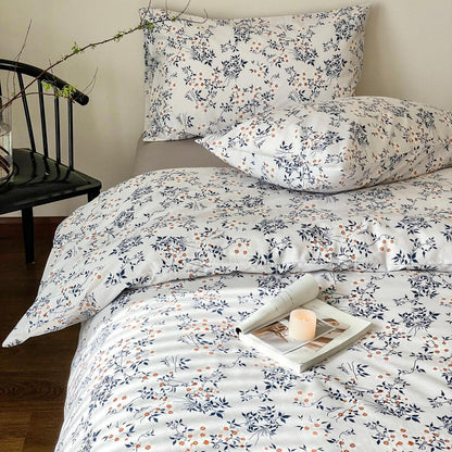 Blumen Bettwäsche Set 200x220 cm Weiß Blau 3tlg. Baumwolle