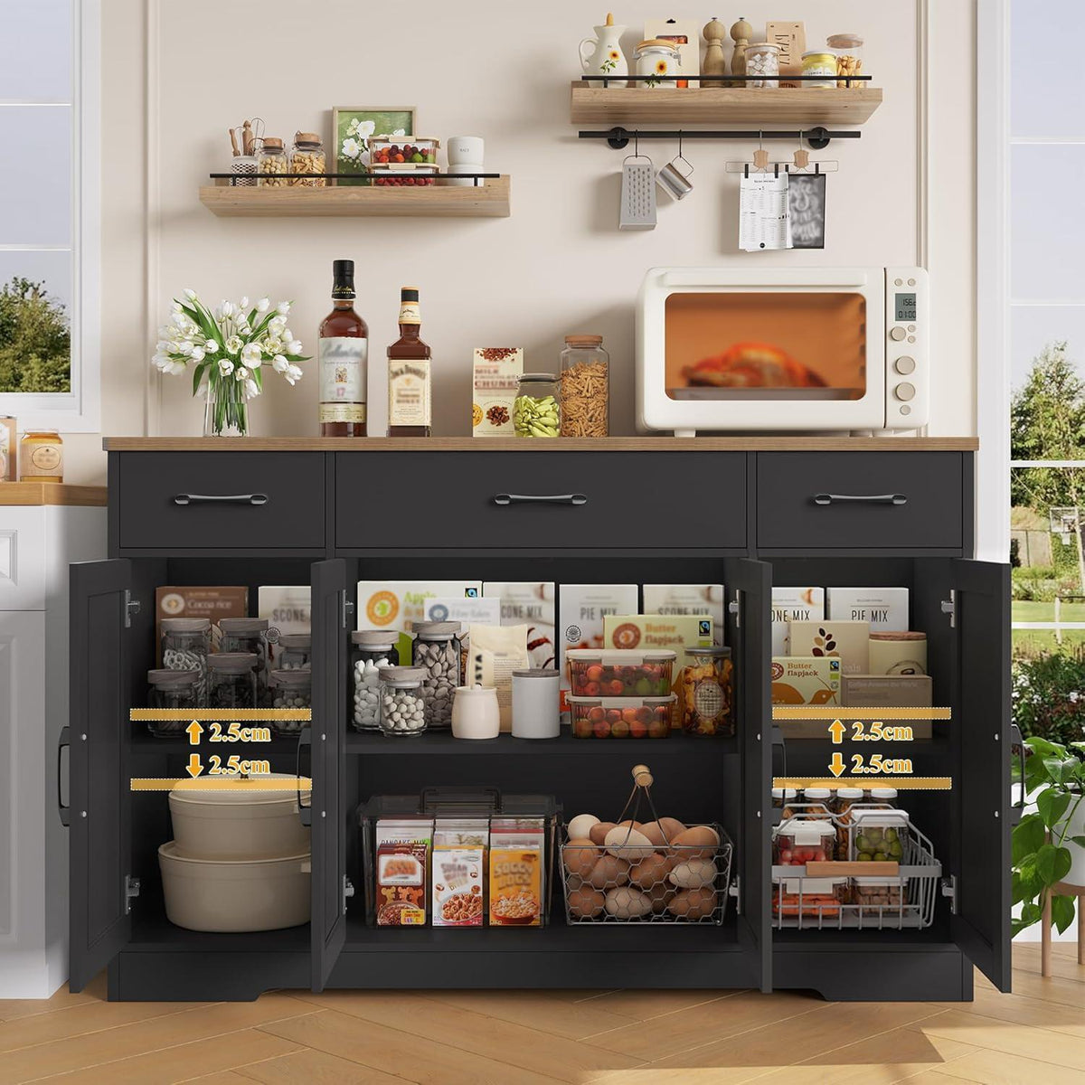 Sideboard 140cm mit Schubladen & Regalen – Küchenschrank Schwarz Braun
