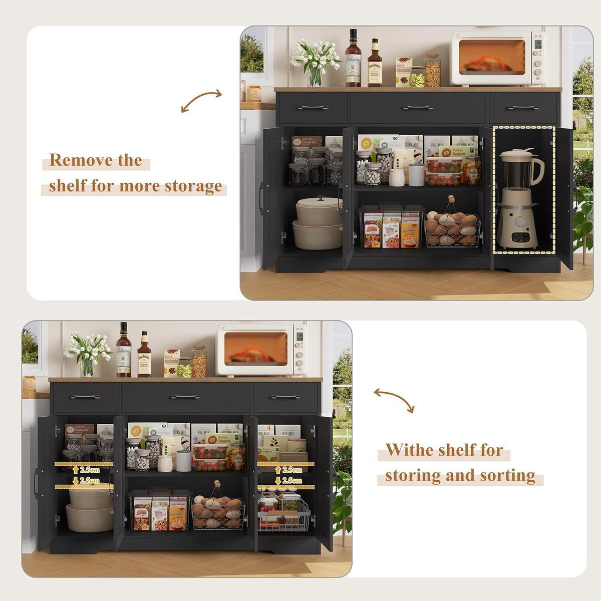 Sideboard 140cm mit Schubladen & Regalen – Küchenschrank Schwarz Braun