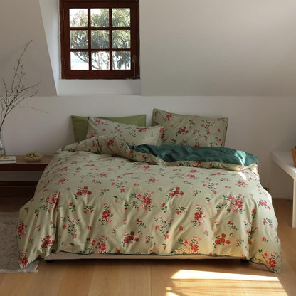 Blumen Bettwäsche Set 220x240 cm Grün Rot Baumwolle 3tlg.