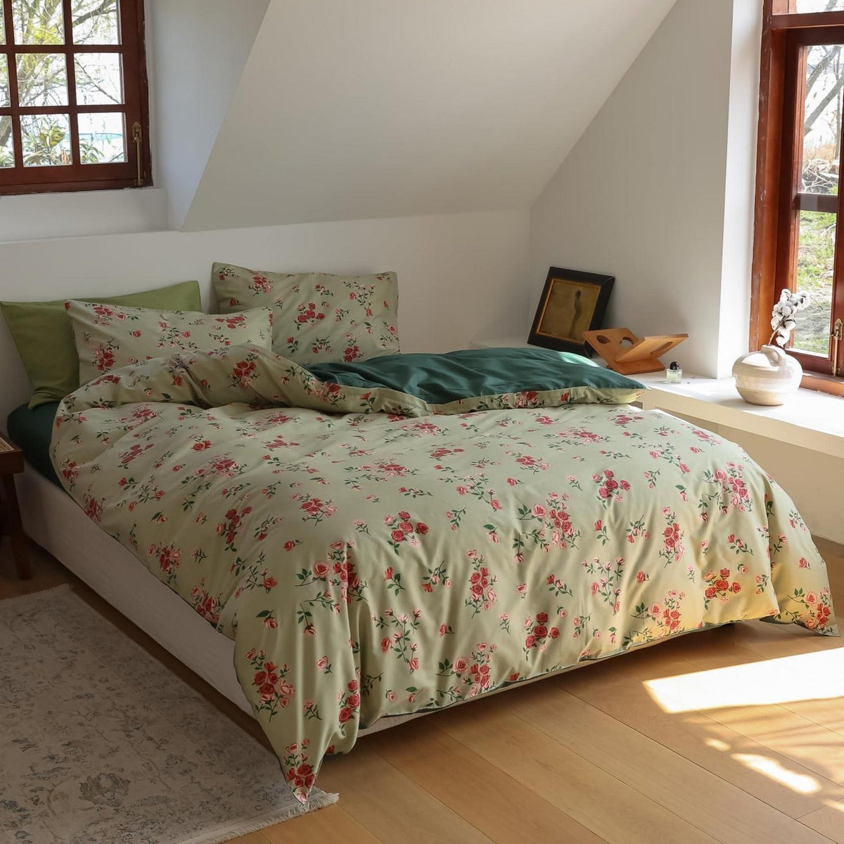 Blumen Bettwäsche Set 220x240 cm Grün Rot Baumwolle 3tlg.