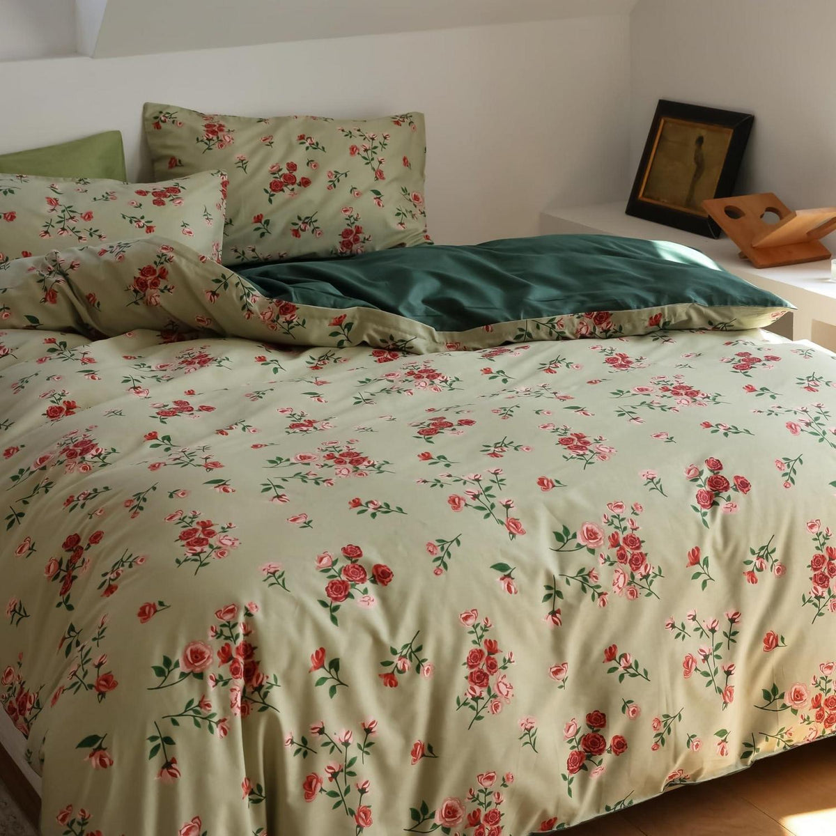 Blumen Bettwäsche Set 220x240 cm Grün Rot Baumwolle 3tlg.
