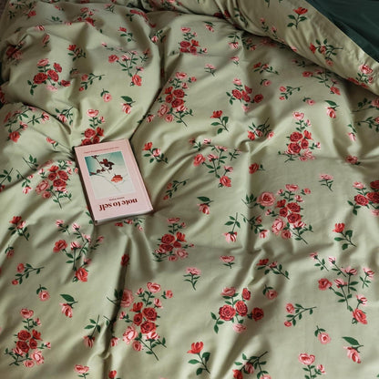 Blumen Bettwäsche Set 220x240 cm Grün Rot Baumwolle 3tlg.
