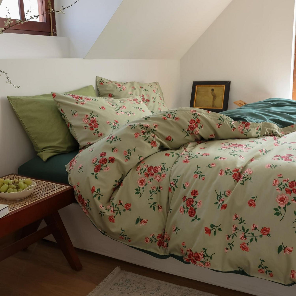 Blumen Bettwäsche Set 200x220 cm Grün Rot Baumwolle 3tlg.