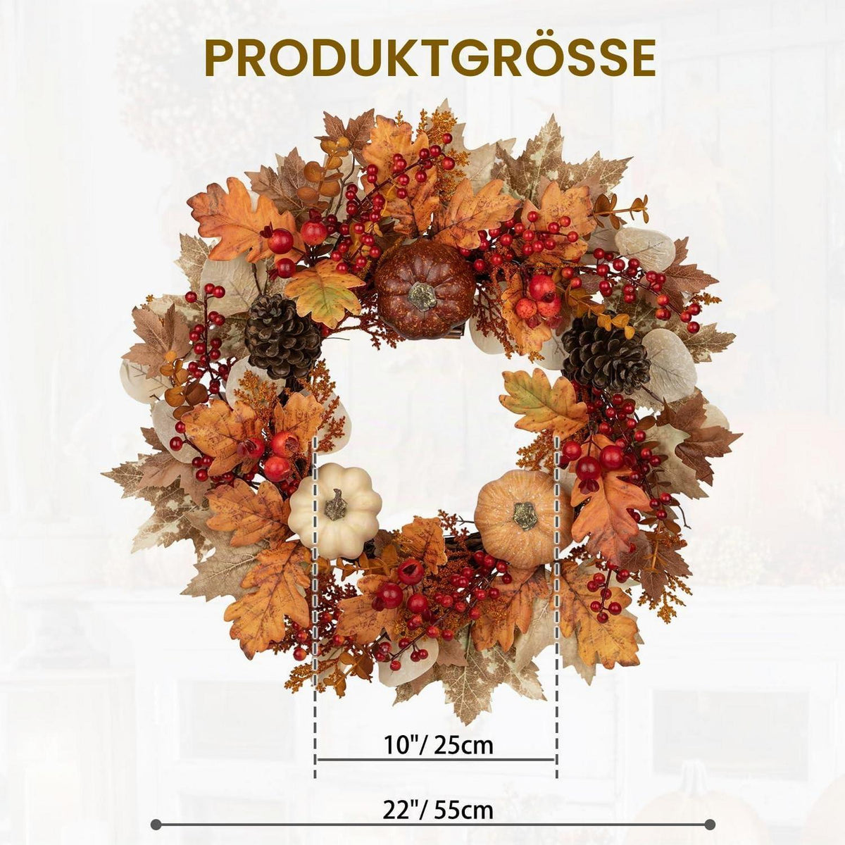 Herbstkranz 55cm mit Kürbissen und Laub, sofort dekorierbar