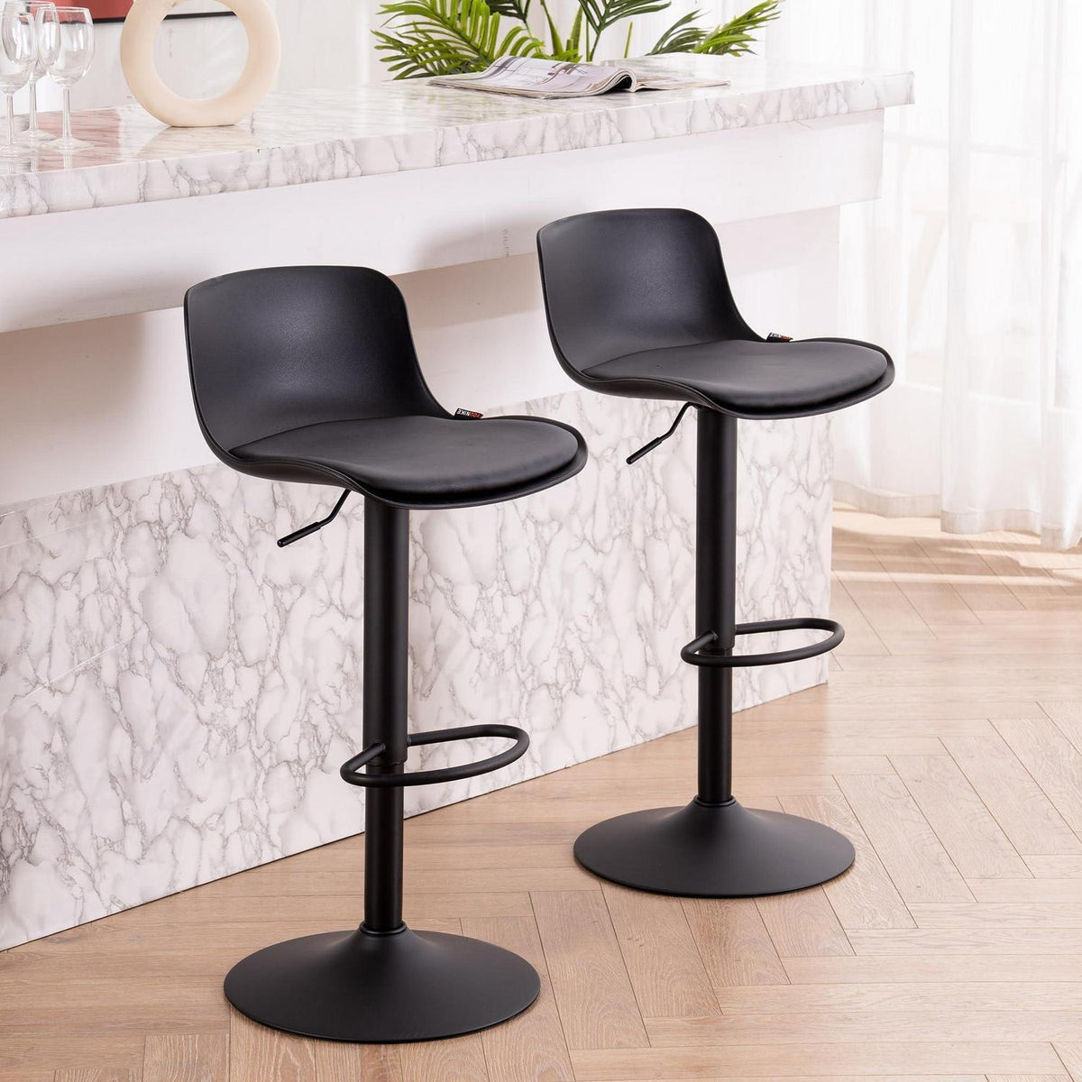 Höhenverstellbarer Barhocker 2er Set Schwarz mit Rückenlehne