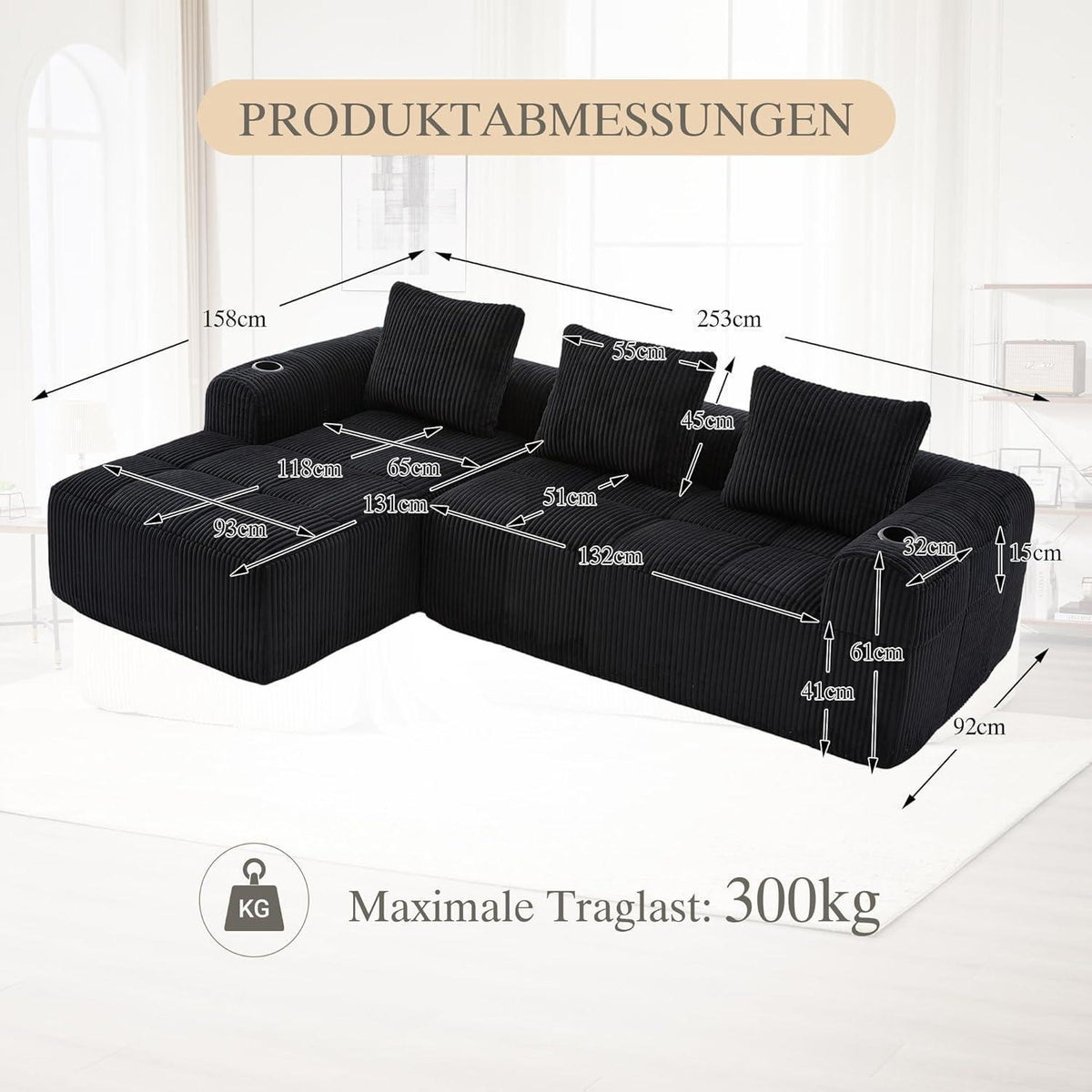 Kompaktes 3-Sitzer Cord Sofa mit Schlaffunktion & Kissen (Schwarz)