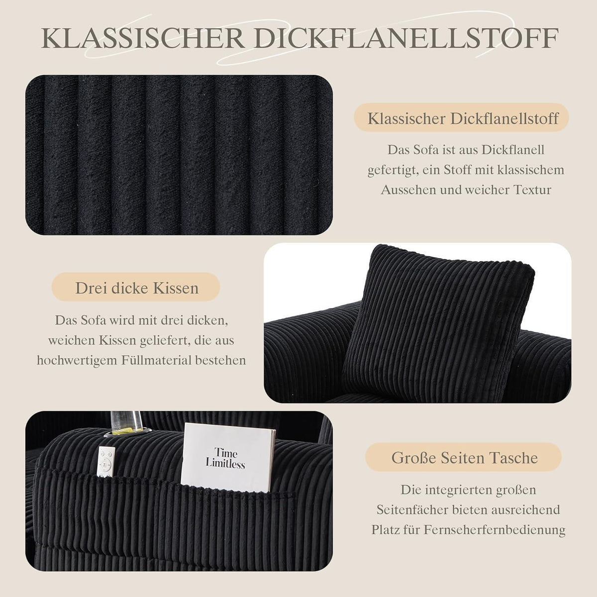 Kompaktes 3-Sitzer Cord Sofa mit Schlaffunktion & Kissen (Schwarz)
