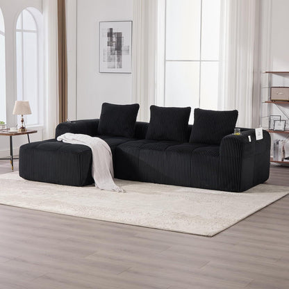 Kompaktes 3-Sitzer Cord Sofa mit Schlaffunktion & Kissen (Schwarz)