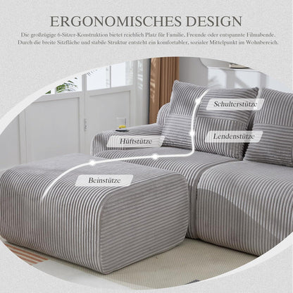 Modulares Cord Sofa 2-Sitzer mit Hocker & Stauraum, Hellgrau