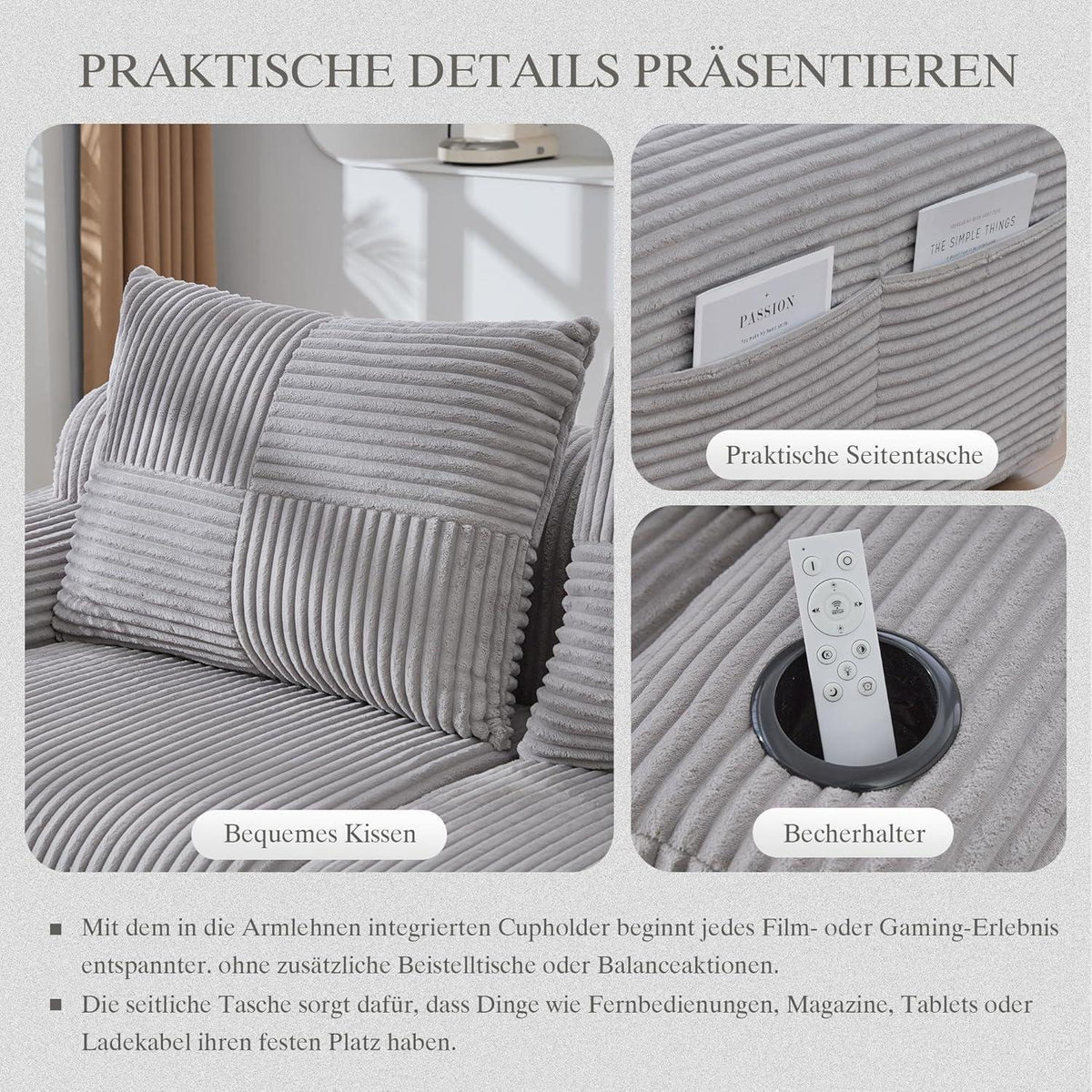 Modulares Cord Sofa 2-Sitzer mit Hocker & Stauraum, Hellgrau