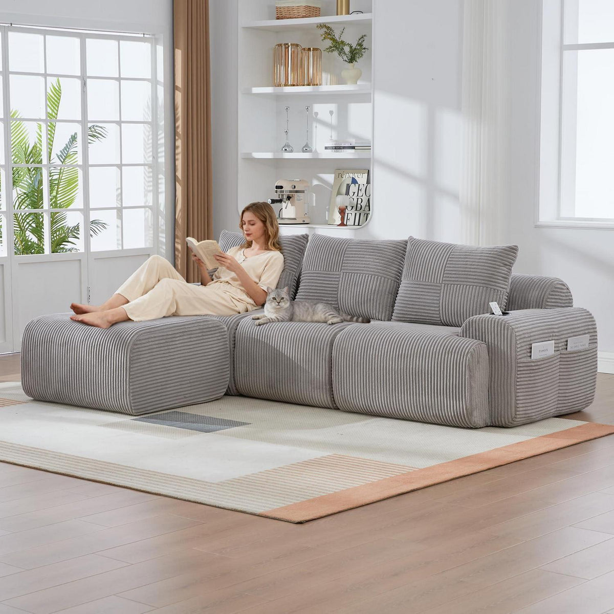 Modulares Cord Sofa 3-Sitzer mit Hocker & Stauraum – Hellgrau