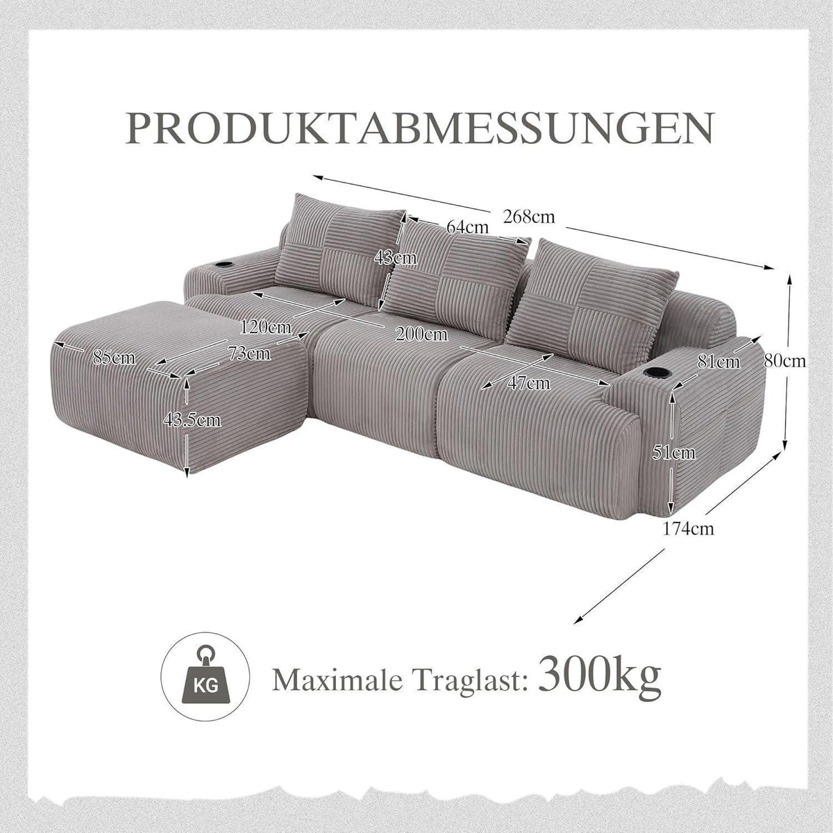 Modulares Cord Sofa 3-Sitzer mit Hocker & Stauraum – Hellgrau