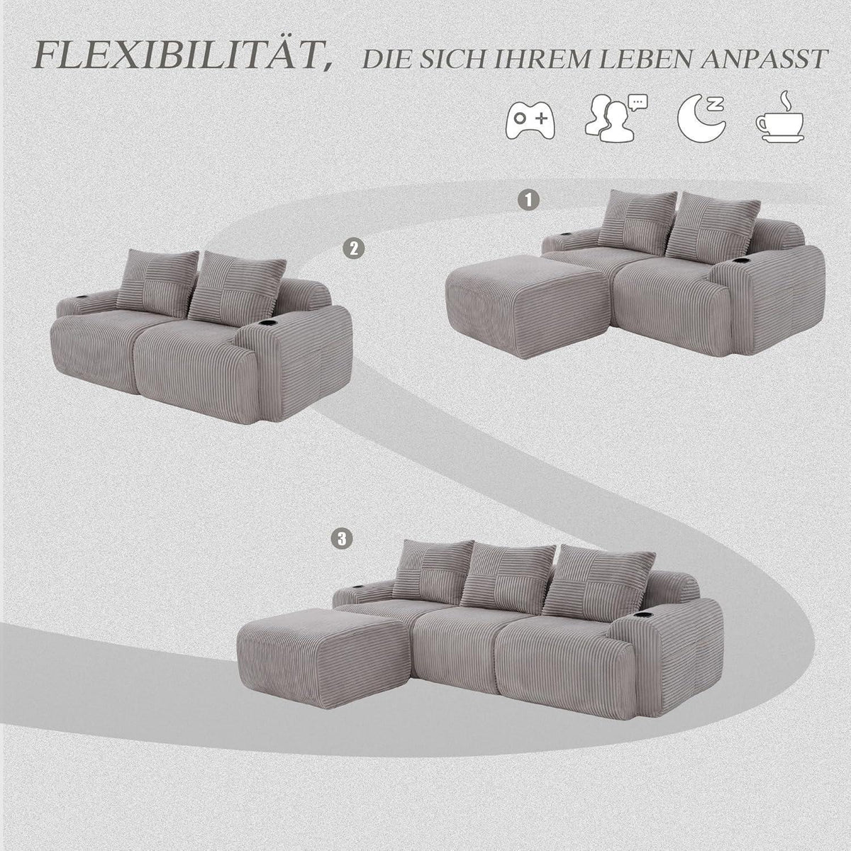 Modulares Cord Sofa 3-Sitzer mit Hocker & Stauraum – Hellgrau