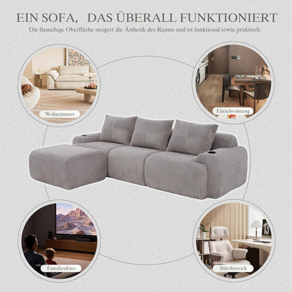 Modulares Cord Sofa 3-Sitzer mit Hocker & Stauraum – Hellgrau