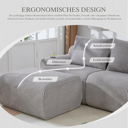 Modulares Cord Sofa 3-Sitzer mit Hocker & Stauraum – Hellgrau
