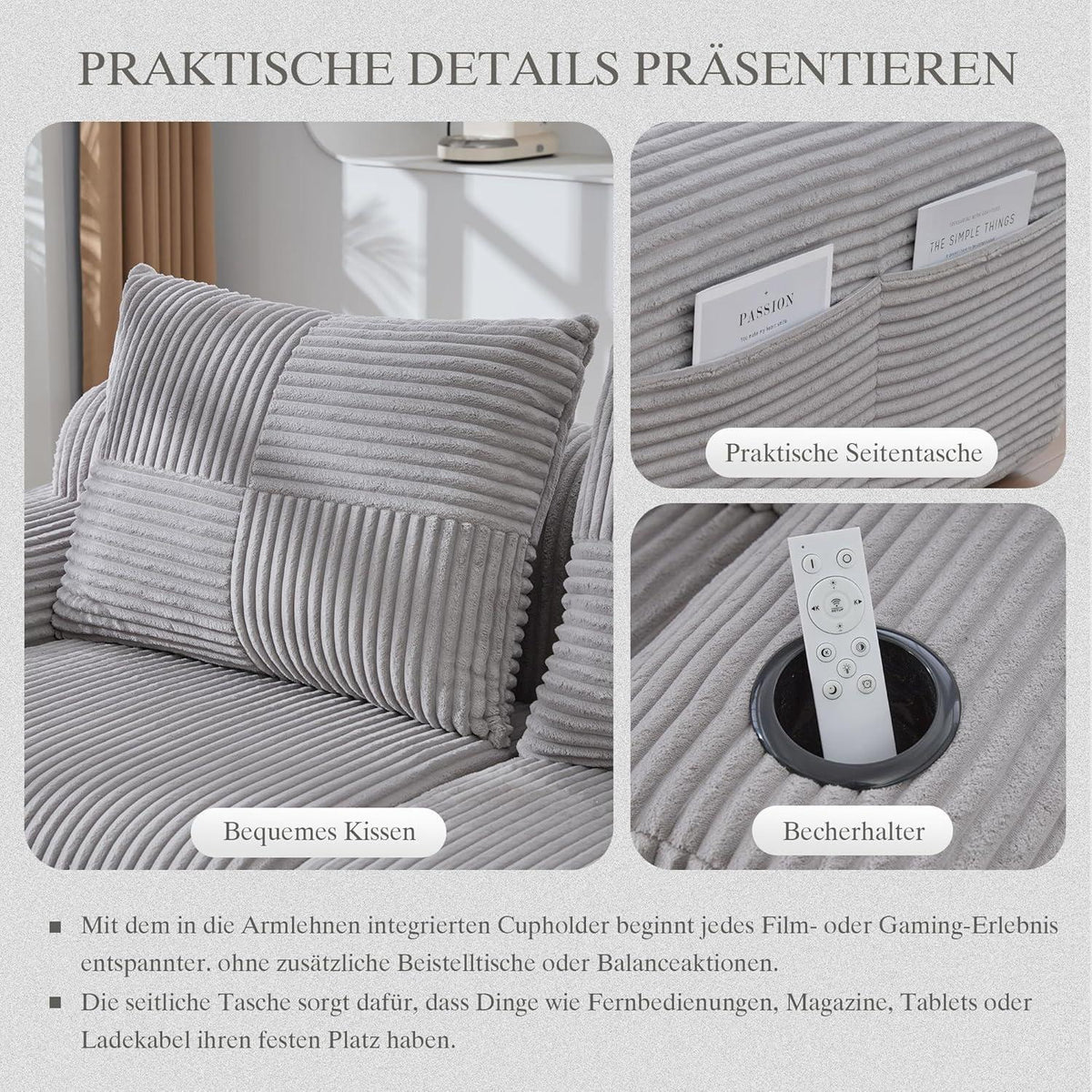 Modulares Cord Sofa 3-Sitzer mit Hocker & Stauraum – Hellgrau