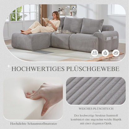 Modulares Cord Sofa 3-Sitzer mit Hocker & Stauraum – Hellgrau