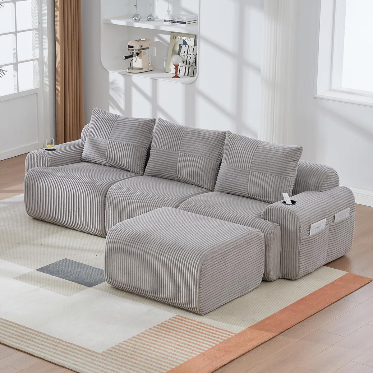 Modulares Cord Sofa 3-Sitzer mit Hocker & Stauraum – Hellgrau