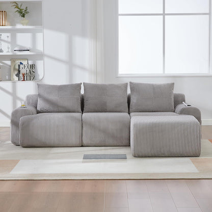 Modulares Cord Sofa 3-Sitzer mit Hocker & Stauraum – Hellgrau