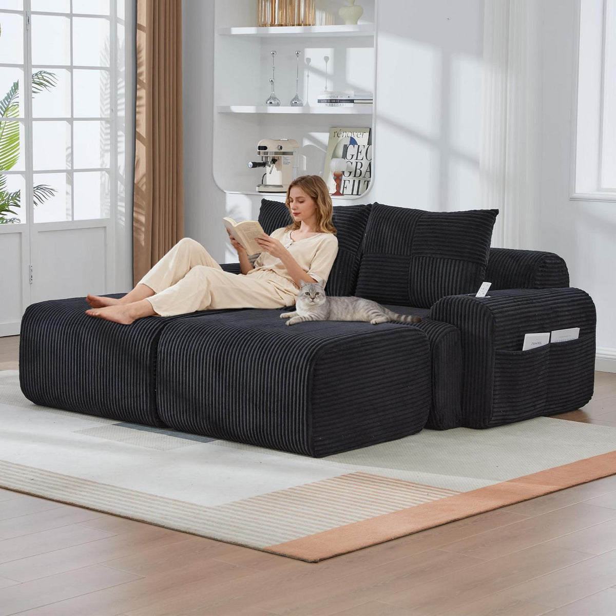 Modulares Cord Sofa 2-Sitzer mit Hockern & Stauraum