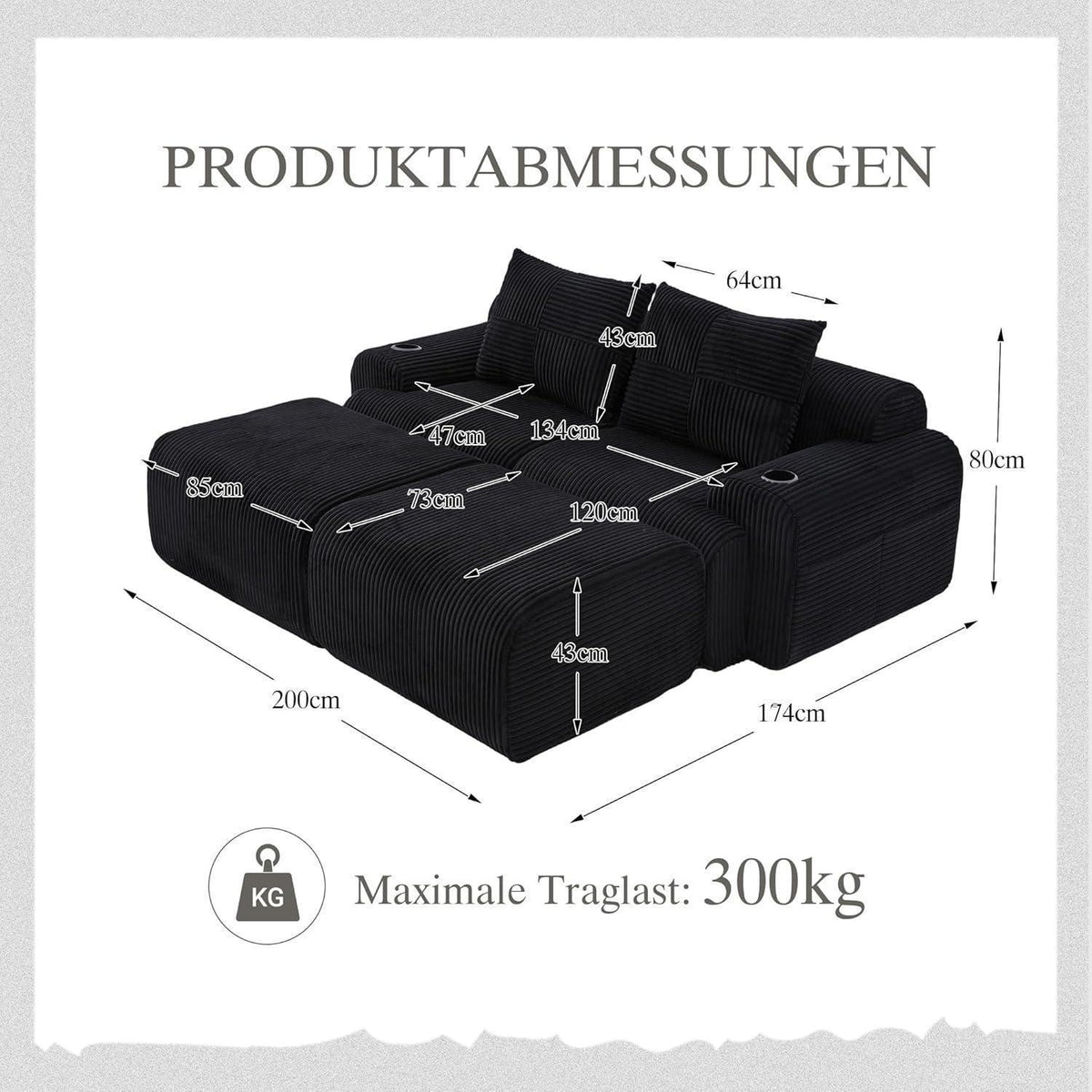 Modulares Cord Sofa 2-Sitzer mit Hockern & Stauraum
