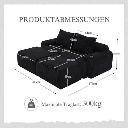 Modulares Cord Sofa 2-Sitzer mit Hockern & Stauraum