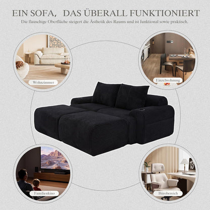 Modulares Cord Sofa 2-Sitzer mit Hockern & Stauraum