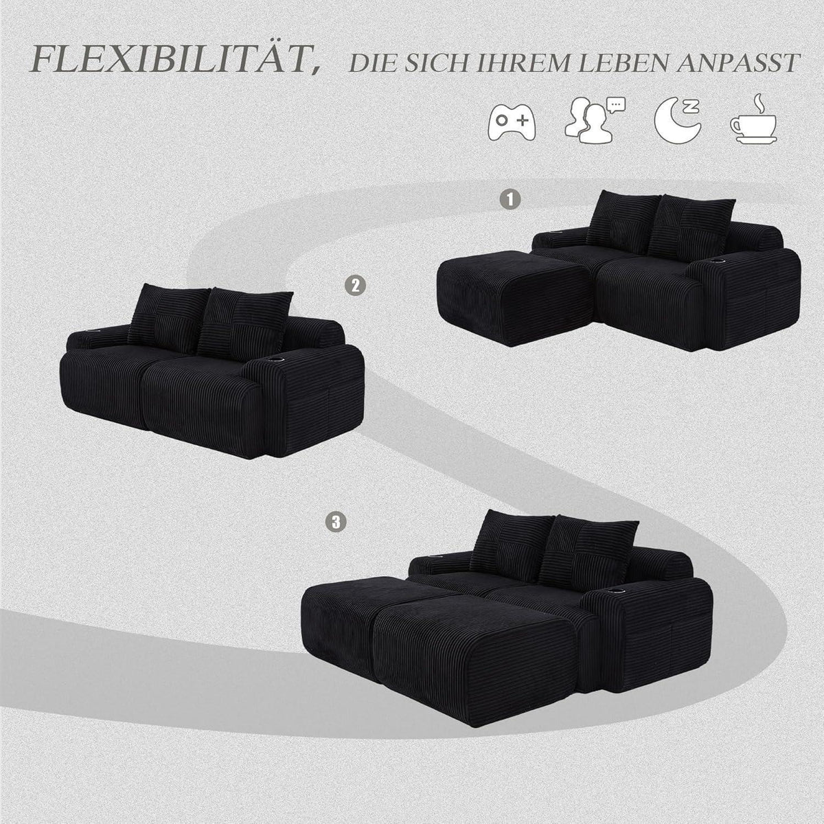 Modulares Cord Sofa 2-Sitzer mit Hockern & Stauraum
