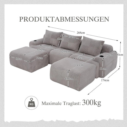 Modulares Cord Sofa 3-Sitzer mit Hockern & Stauraum
