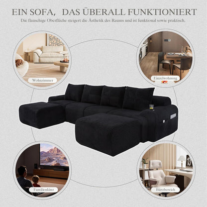 4-Sitzer Cord Sofa mit Hockern | Modular, Getränkehalter & Stauraum
