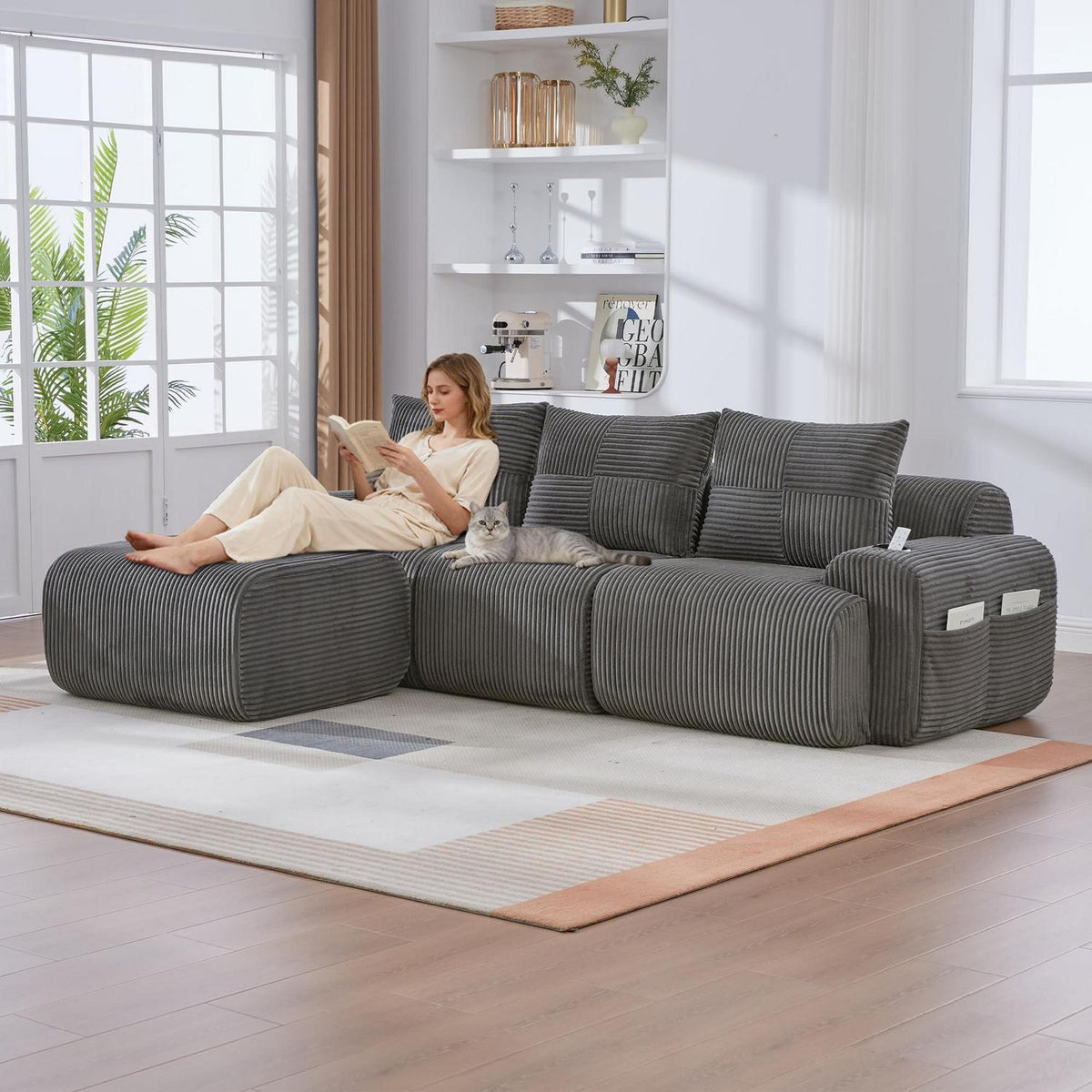 Modulares Cord Sofa 3-Sitzer mit Hocker & Stauraum