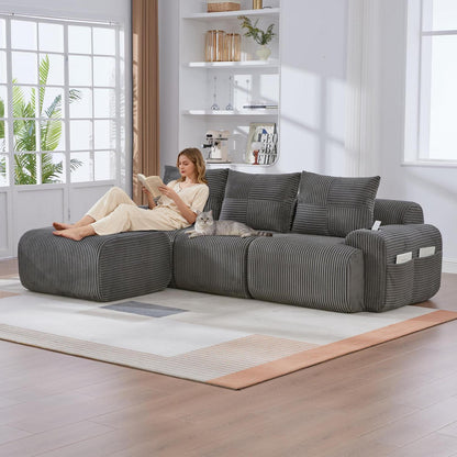 Modulares Cord Sofa 3-Sitzer mit Hocker & Stauraum