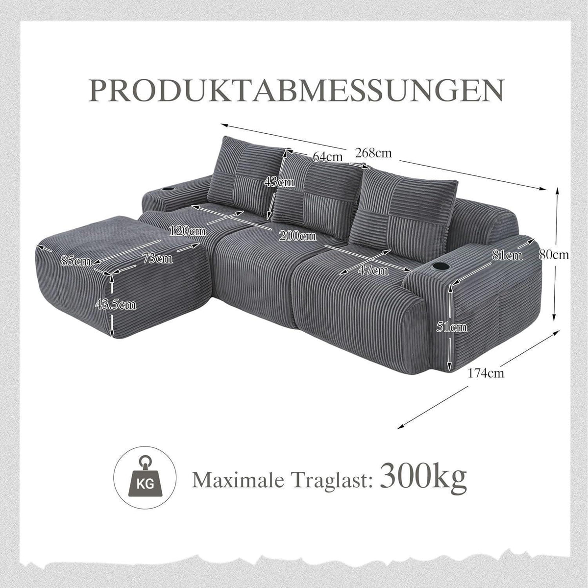 Modulares Cord Sofa 3-Sitzer mit Hocker & Stauraum