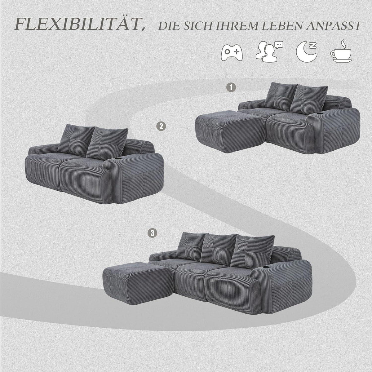 Modulares Cord Sofa 3-Sitzer mit Hocker & Stauraum