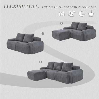 Modulares Cord Sofa 3-Sitzer mit Hocker & Stauraum