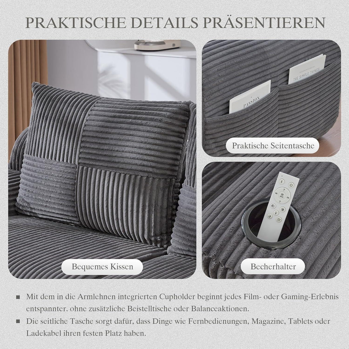 Modulares Cord Sofa 3-Sitzer mit Hocker & Stauraum