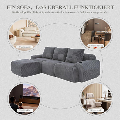 Modulares Cord Sofa 3-Sitzer mit Hocker & Stauraum