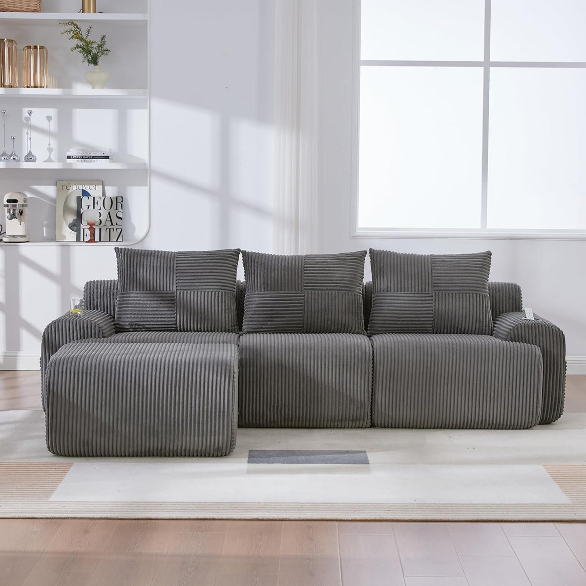 Modulares Cord Sofa 3-Sitzer mit Hocker & Stauraum