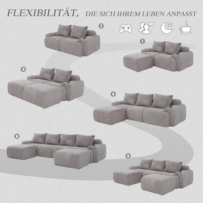 4-Sitzer Cord Sofa mit Hockern | Modular, Getränkehalter & Stauraum