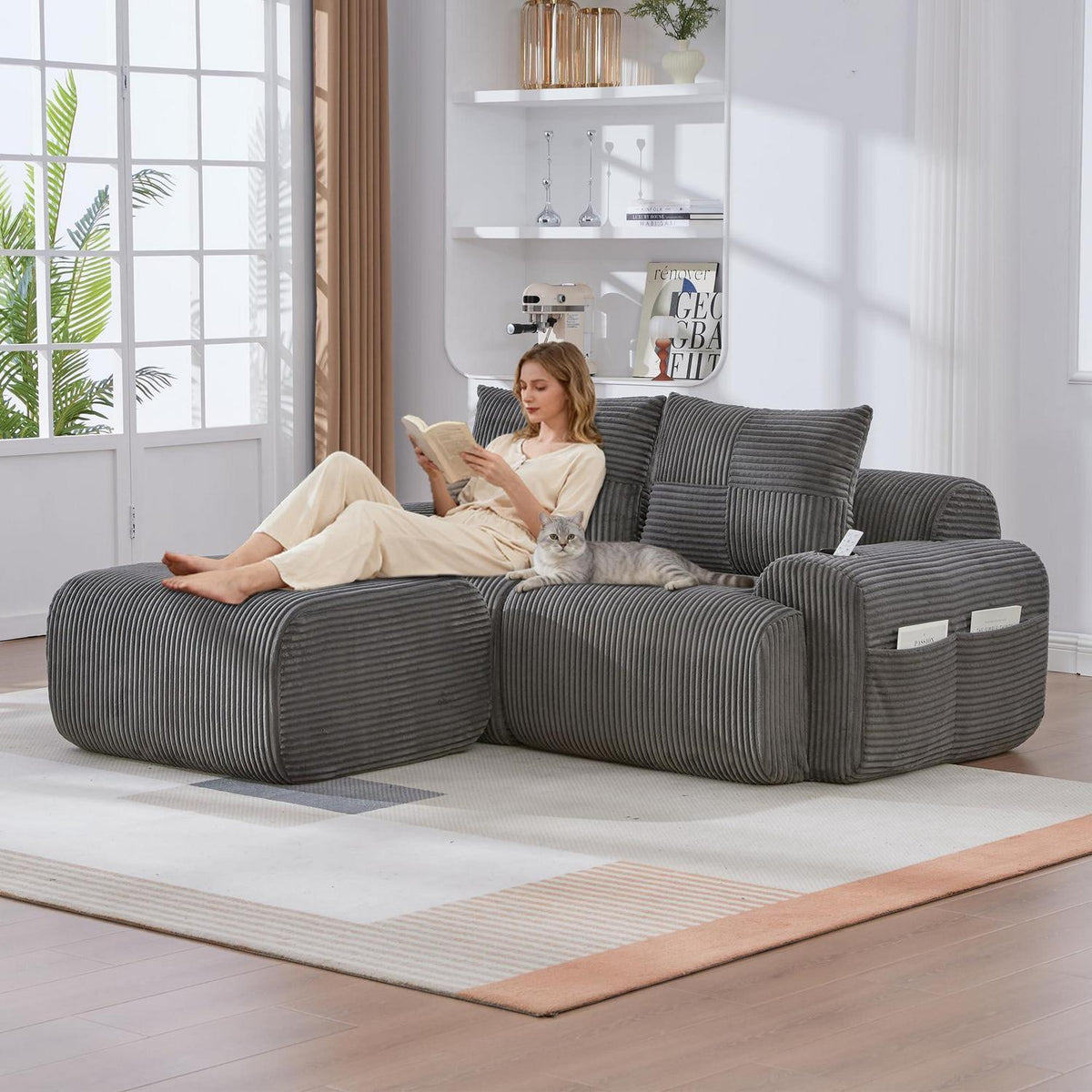 Modulares Cord Sofa 2-Sitzer mit Hocker & Stauraum