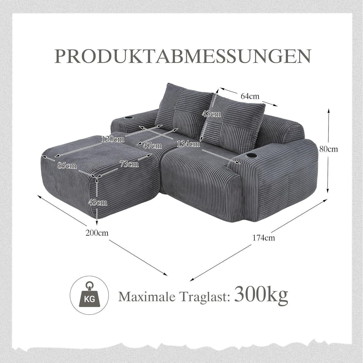 Modulares Cord Sofa 2-Sitzer mit Hocker & Stauraum