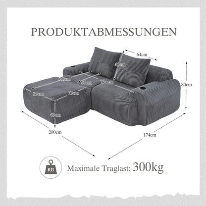 Modulares Cord Sofa 2-Sitzer mit Hocker & Stauraum