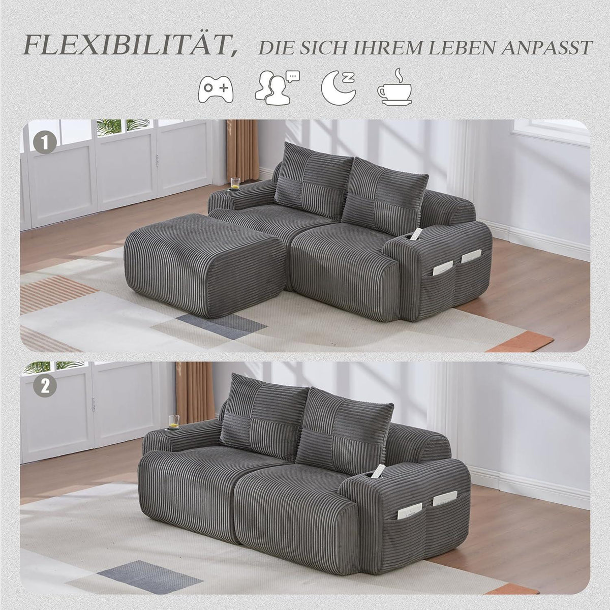 Modulares Cord Sofa 2-Sitzer mit Hocker & Stauraum