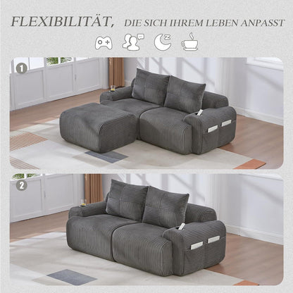 Modulares Cord Sofa 2-Sitzer mit Hocker & Stauraum