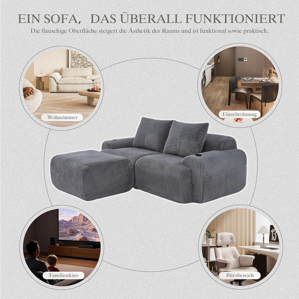 Modulares Cord Sofa 2-Sitzer mit Hocker & Stauraum