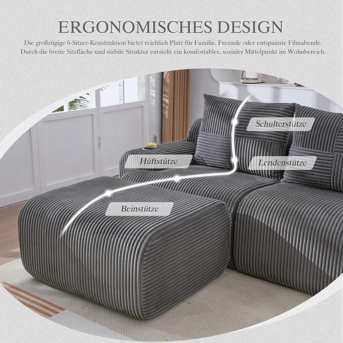 Modulares Cord Sofa 2-Sitzer mit Hocker & Stauraum